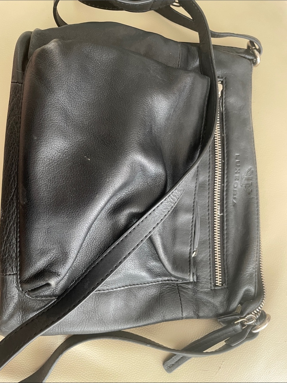 Luxury Black Leather Messenger Bag with Front Zip by Luxeoria